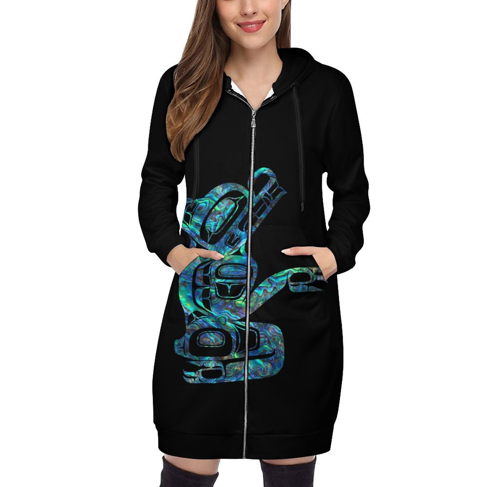 Hoodie Dress Zip Bear Lloyd - Premium  from Northwest Coast Native Apparel/John P Wilson Haisla - Just $80! Shop now at Northwest Coast Native Apparel/John P Wilson Haisla
